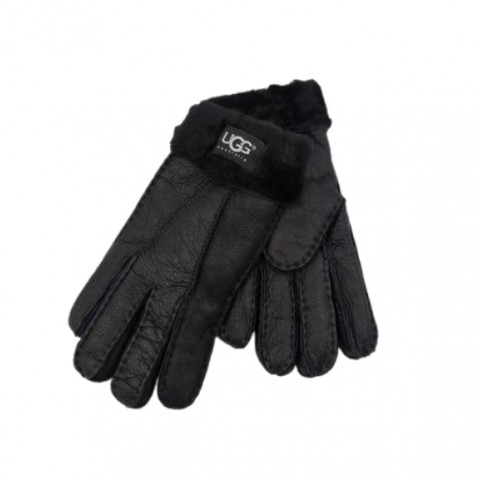 Женские Меховые Перчатки Ugg Черные Кожаные (04)