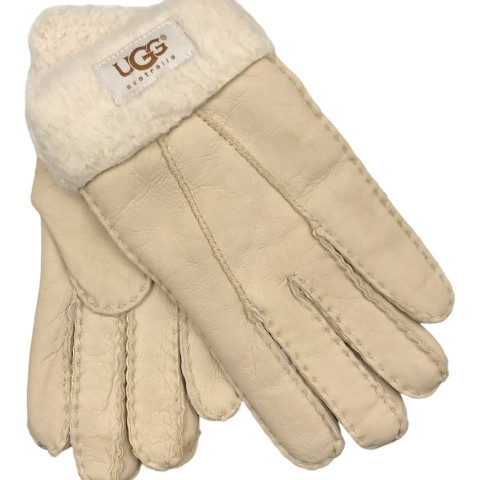 Женские Меховые Перчатки Ugg Бежевые Кожаные (13)