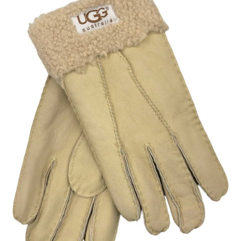 Женские Меховые Перчатки Ugg Песочные Кожаные (14)